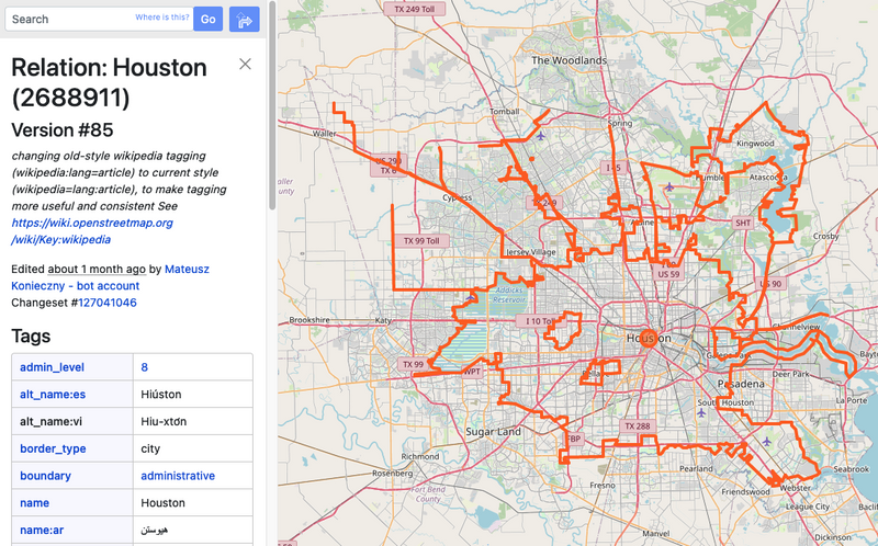 Houston Texas boundary relation on osm.org